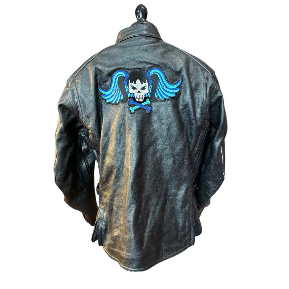 Street & Steel Leather Motorcycle Jacket Skull Wing Patch Black Moto Women M